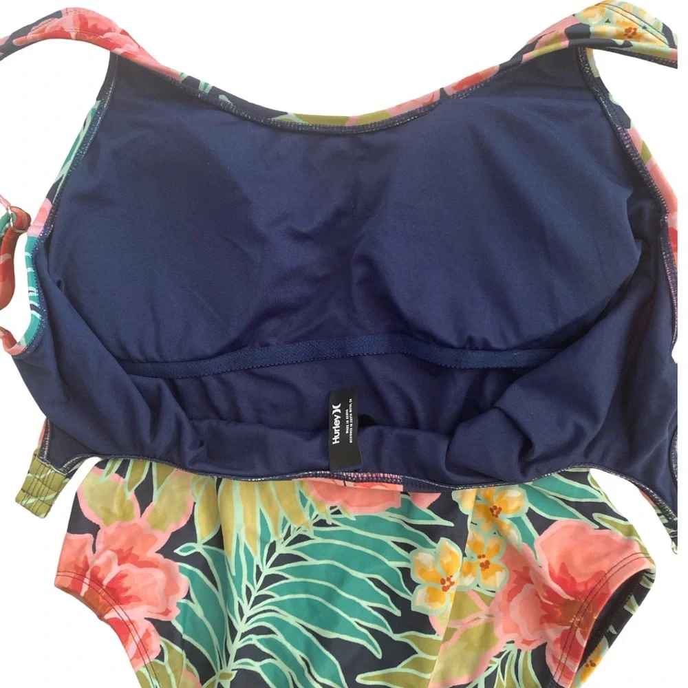 Hurley Tropical One-Piece Swimsuit L Open Back Molded Cups‎ Adjustable Straps